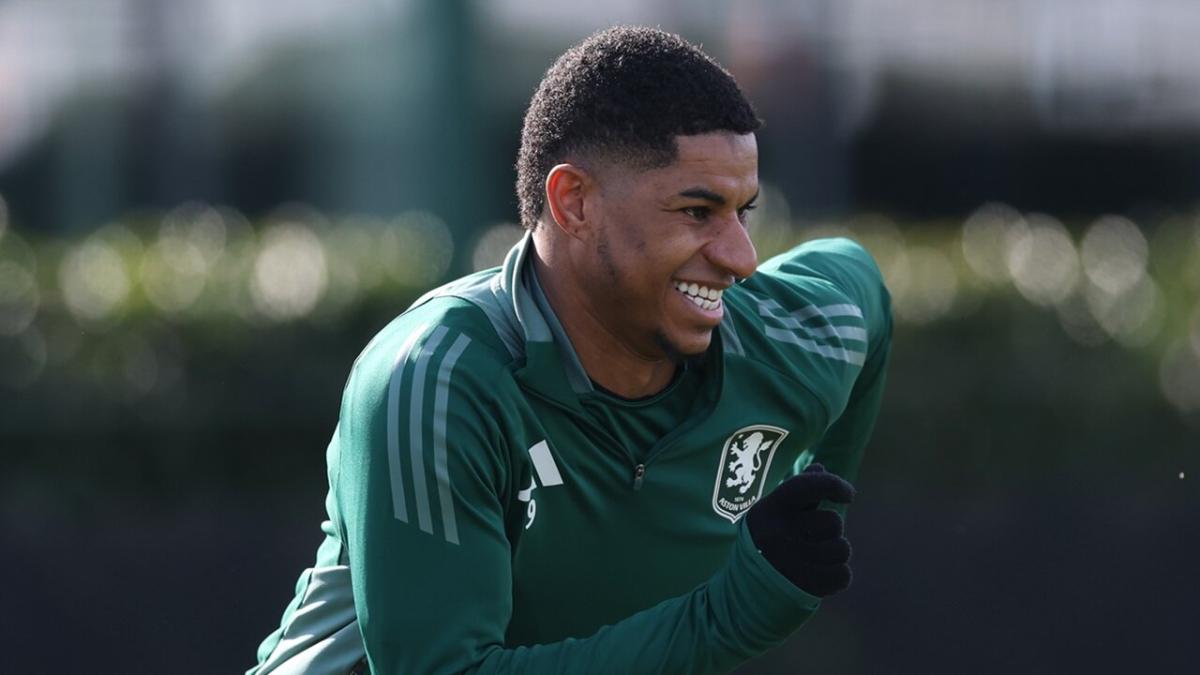 Marcus Rashford in training for Aston Villa ahead of Champions League tie